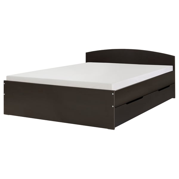 Modern black bed with built-in storage. Dark wood, rectangular, minimalist design.