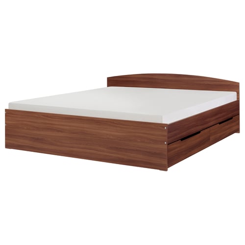 NODELAND bed in walnut with white mattress; rectangular wood frame with two drawers.