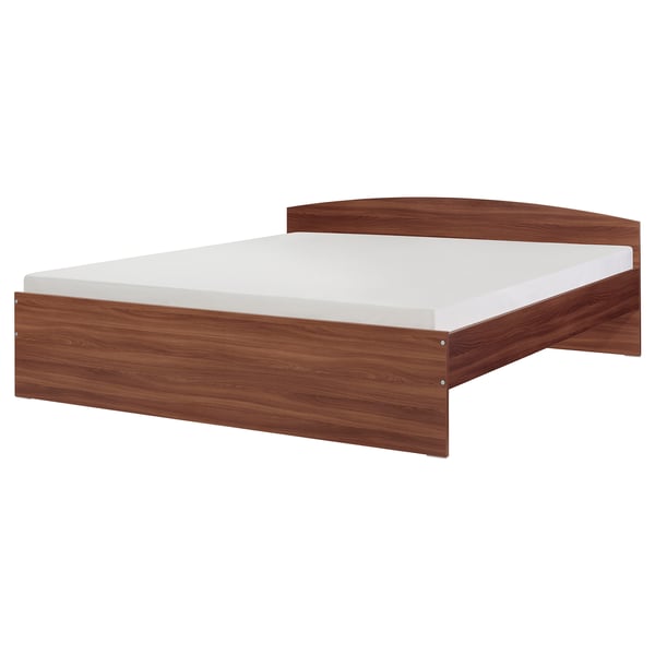 Depicts a modern wooden bed named NODELAND with rounded edges and storage space. It a sturdy frame suitable for varied mattress thicknesses.