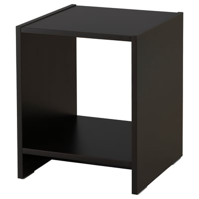 Black NODELAND bedside table with open shelf and modern design.