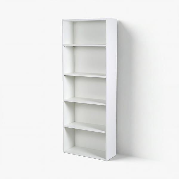 Displays a white, rectangular bookshelf with five shelves. Its simple, space-saving, and adjustable for custom storage.