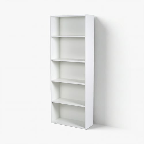 Displays a white, rectangular bookshelf with five shelves. Its simple, space-saving, and adjustable for custom storage.
