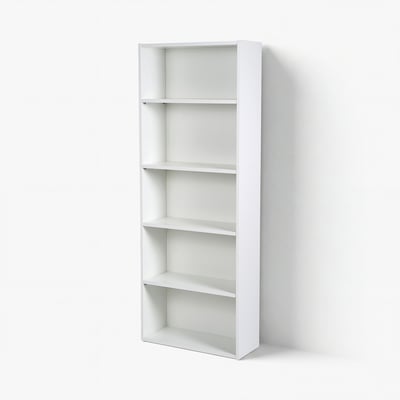 Displays a white, rectangular bookshelf with five shelves. Its simple, space-saving, and adjustable for custom storage.