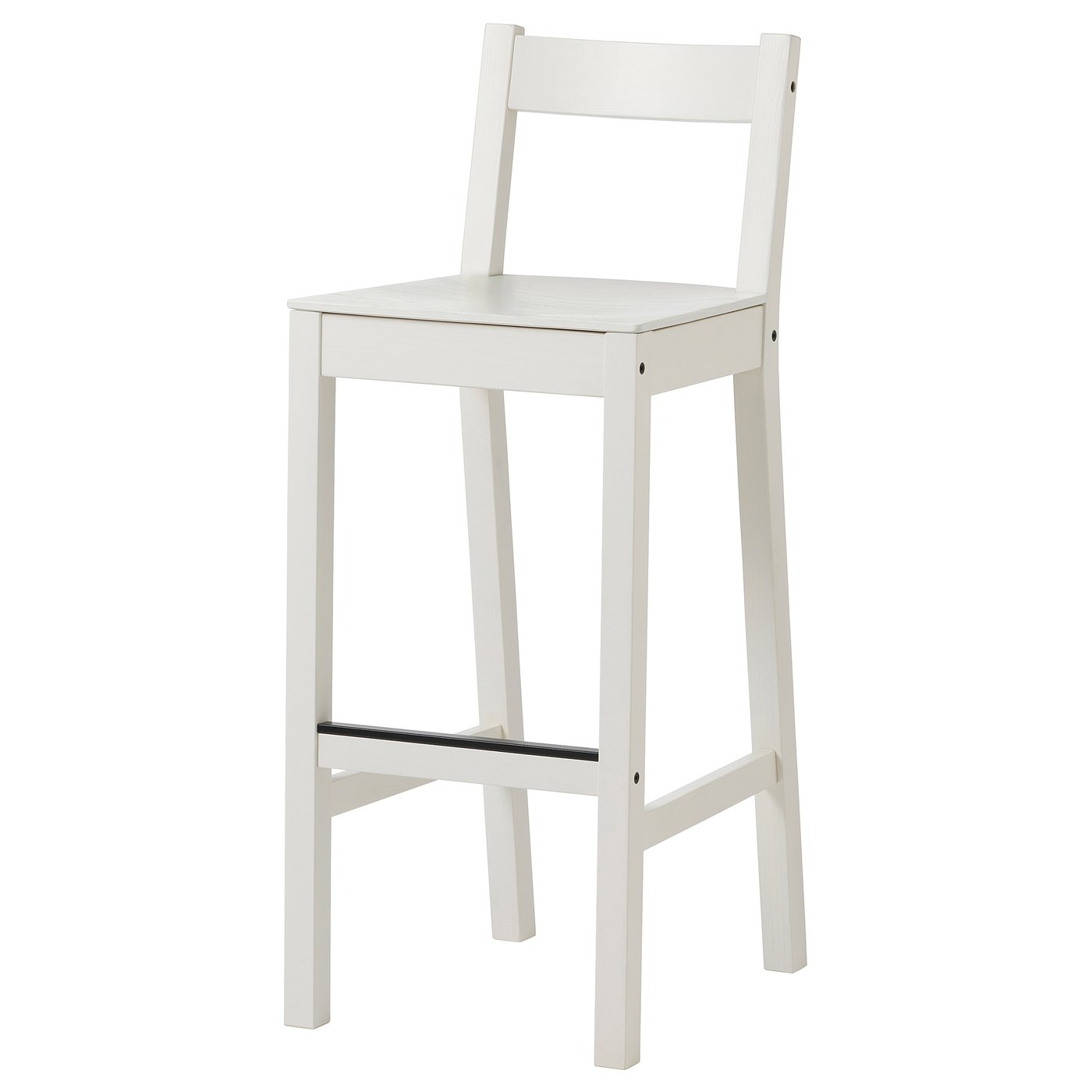 A white NORDVIKEN bar stool with a curved backrest and deep seat, made of wood, for comfortable seating.