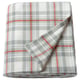 A grey and orange chequered blanket folded neatly. Its made of 100% recycled polyester, lightweight, and perfect for cosy moments.