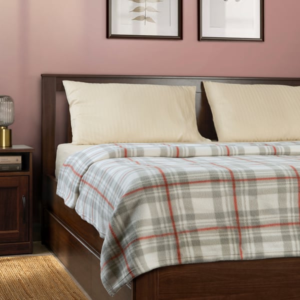 Grey & red plaid blanket, recycled polyester, large, chequered pattern on bed.