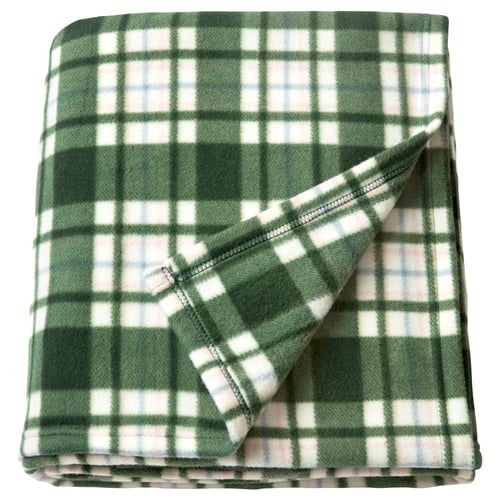 Green and white chequered blanket, rectangular, folded, made of recycled polyester.