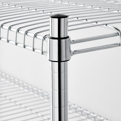 Close-up of adjustable metal shelf support, showcasing robust chrome-plated steel and precise engineering for secure storage.