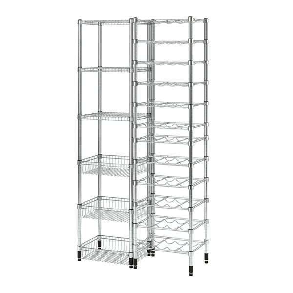 OMAR metal wine rack; silver; adjustable shelves; stand steady on uneven floors.
