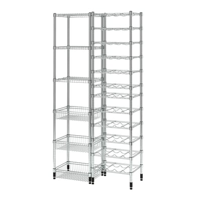 OMAR metal wine rack; silver; adjustable shelves; stand steady on uneven floors.
