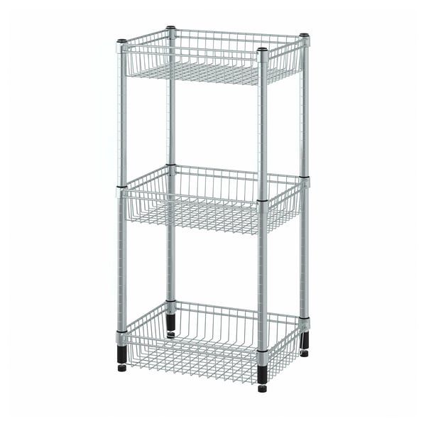A silver OMAR 3-tier metal storage rack, featuring adjustable shelves for organising items.