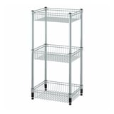 A silver OMAR 3-tier metal storage rack, featuring adjustable shelves for organising items.
