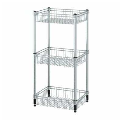 A silver OMAR 3-tier metal storage rack, featuring adjustable shelves for organising items.