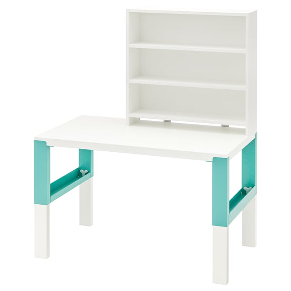 A PÅHL kids desk in white and turquoise. It has adjustable height, a spacious shelf, and cable organisers.