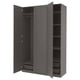 Dark grey PAX wardrobe, open showing storage and shelves.