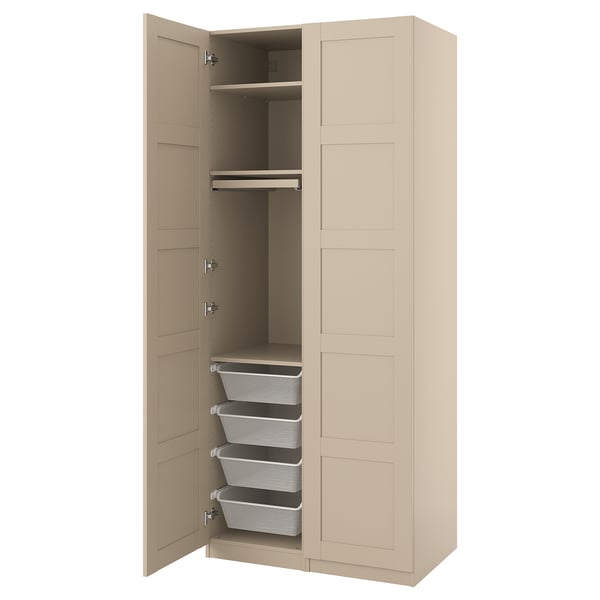 PAX wardrobe in beige with mesh baskets and drawers.