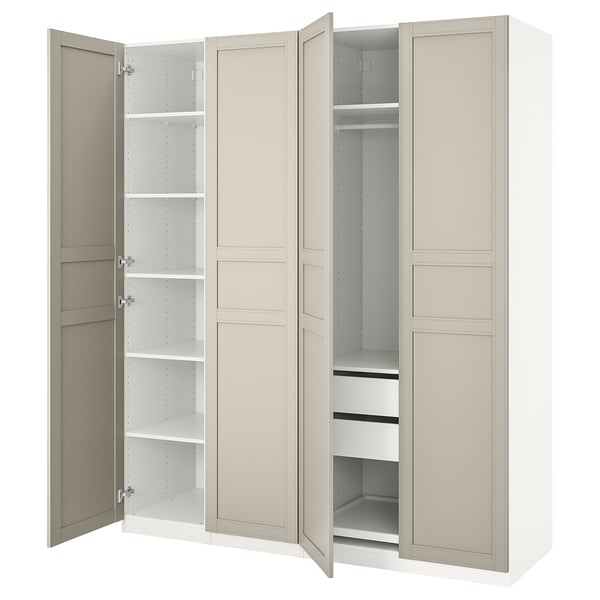 Open beige PAX wardrobe, showcasing shelves and drawers. Modern, minimalist design with clean lines.