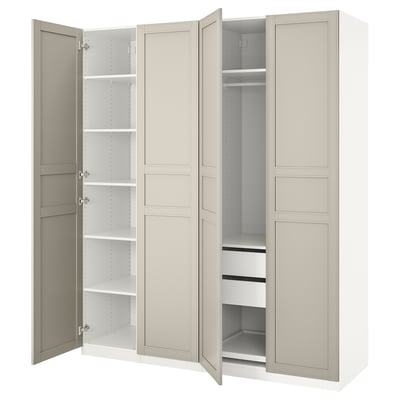 Open beige PAX wardrobe, showcasing shelves and drawers. Modern, minimalist design with clean lines.