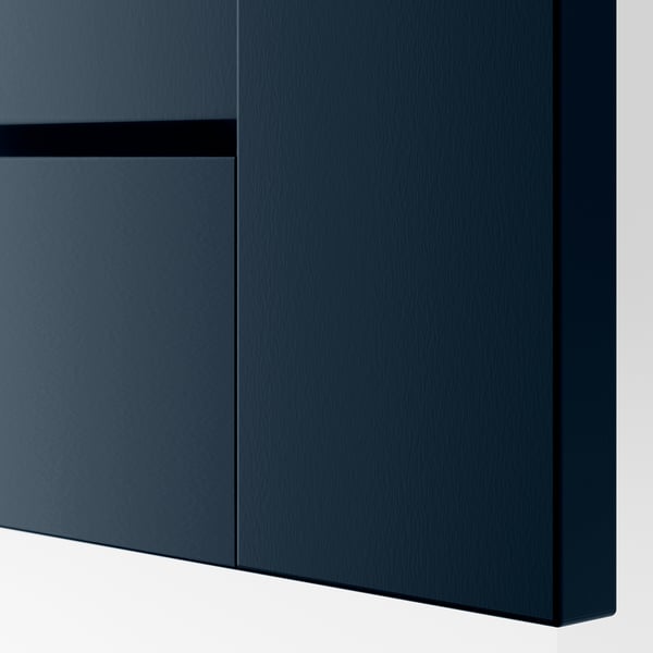 Dark blue modern cabinet, sleek design with clean lines and smooth finish.