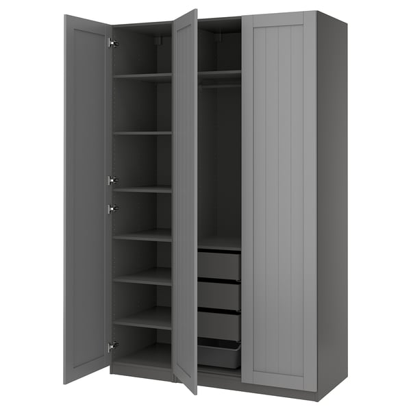 A grey, tall PAX wardrobe with two open doors revealing multiple shelves and pull-out trays for storage.