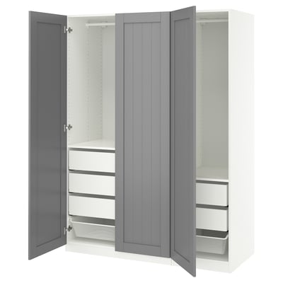 PAX closet, white and grey, open showing shelves and drawers.