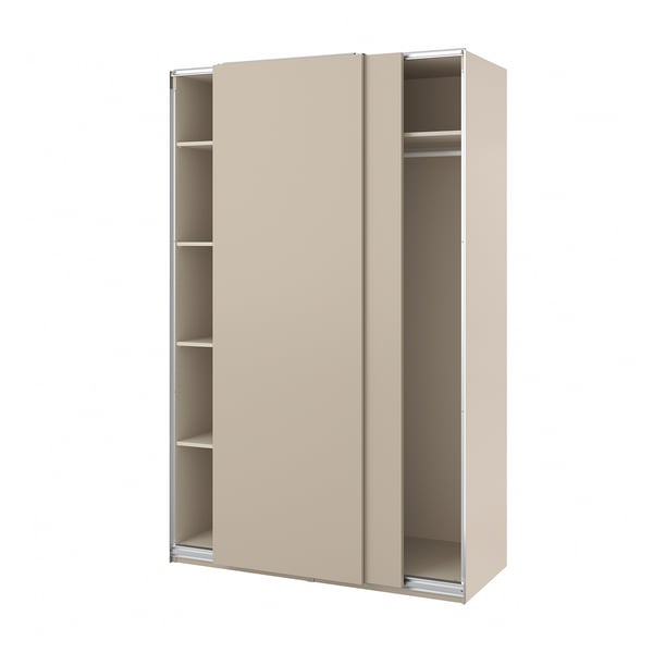 A beige PAX wardrobe with sliding doors and interior shelves.