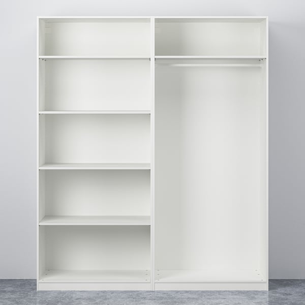 White wardrobe with empty shelves and hangers. Modern design, sliding doors, adjustable feet.