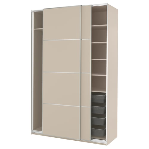 A beige PAX wardrobe with multiple shelves and a mesh basket, featuring sliding doors.