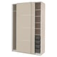 A beige PAX wardrobe with multiple shelves and a mesh basket, featuring sliding doors.