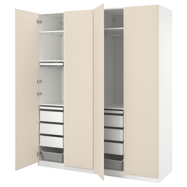 A beige PAX wardrobe with both sides open, revealing white shelves and drawers, showcasing a sleek, modern design.