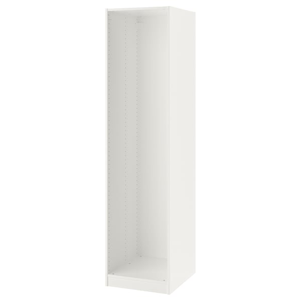 A white ikea PAX wardrobe frame, rectangular, made with particleboard and melamine foil, suitable for customizable storage solutions.