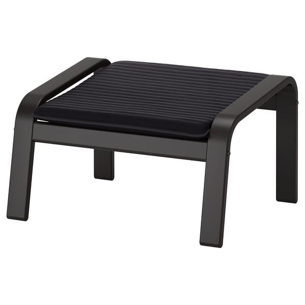 Black POÄNG footstool, sleek design, curved legs, cushioned top.
