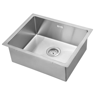 Stainless steel kitchen sink, rectangular shape, single deep bowl, modern design, sound-dampening pads.