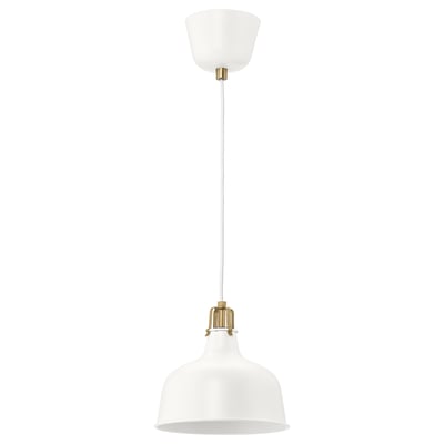 RANARP white pendant lamp with brass details, conical shade, minimalist design.