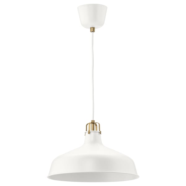 RANARP white pendant lamp, sleek metal design, large round shade, suspends from ceiling, minimalist style.