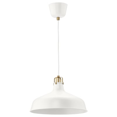 RANARP white pendant lamp, sleek metal design, large round shade, suspends from ceiling, minimalist style.
