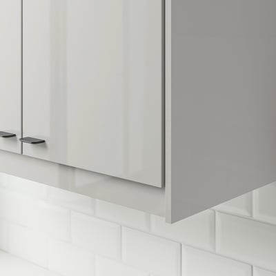 Modern grey high-gloss cabinet fronts with sleek handles, reflecting light, adding spacious feel to minimalist kitchen.