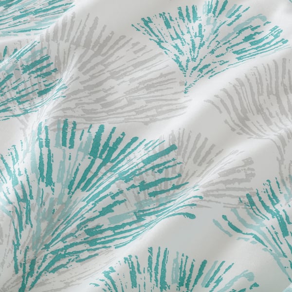 Abstract floral pattern, aqua and grey on white fabric. Highlights natural, durable cotton texture.