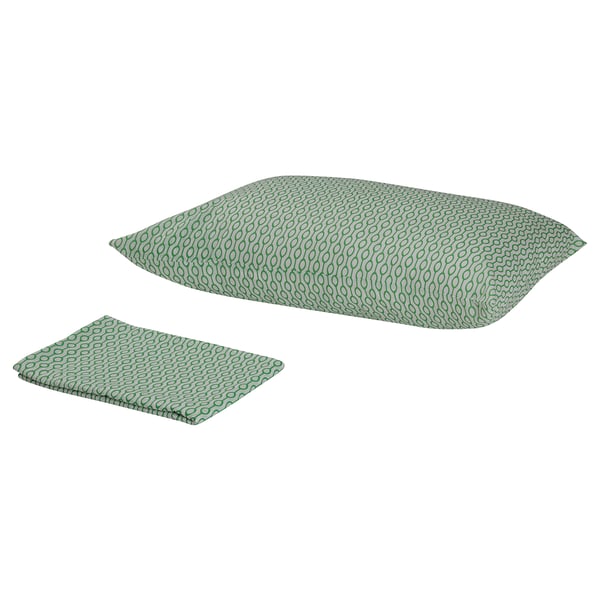 Green patterned RÖDVED quilt cover and pillowcase set, rectangle shapes.