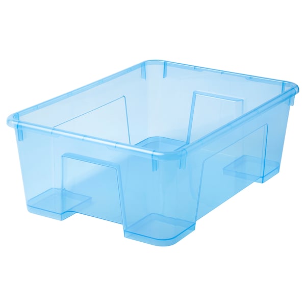 A blue SAMLA storage box made of transparent plastic, rectangular in shape, with reinforced corners for durability.