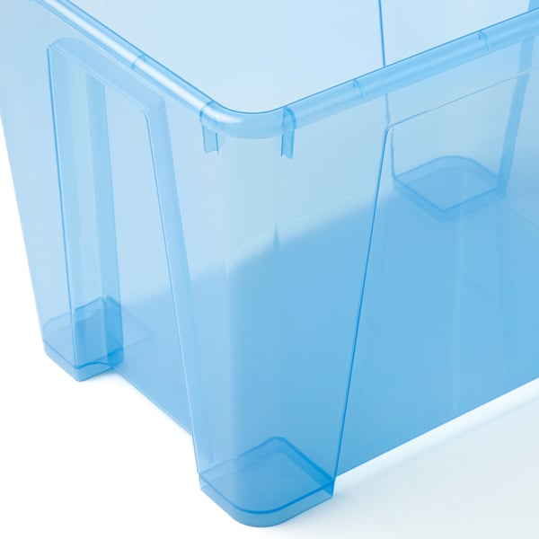Clear blue plastic storage box corner detail; sturdy, transparent.