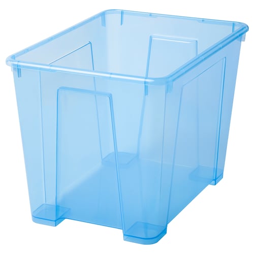 A clear, blue, square plastic storage box for sports or tools.