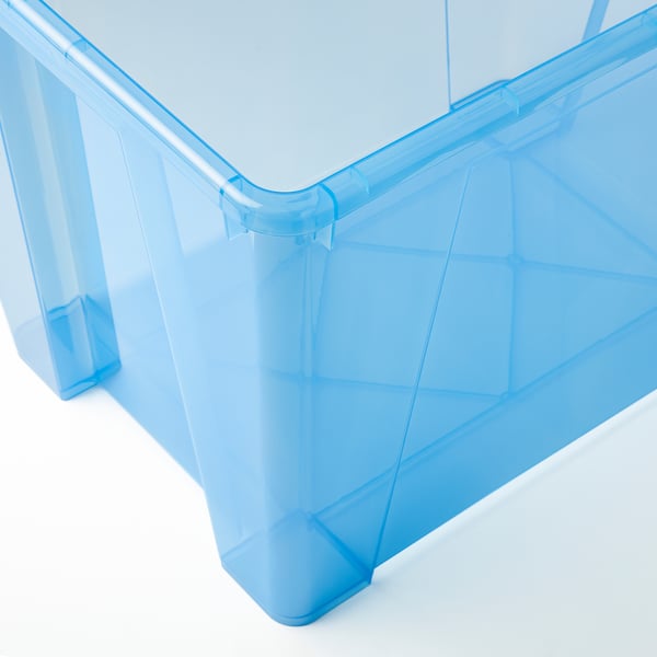 Clear blue plastic storage box, durable with smooth edges.