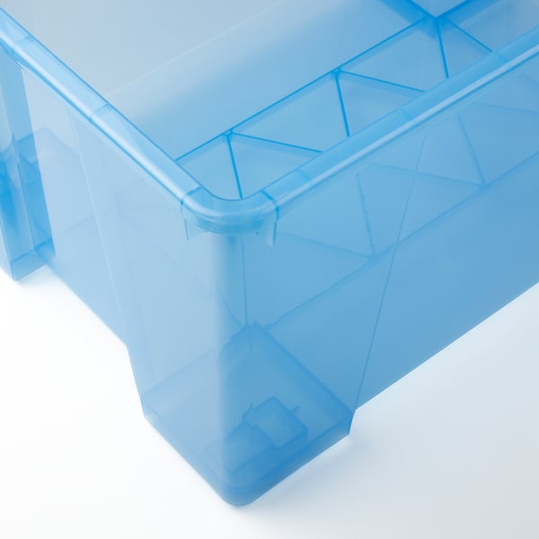 Clear blue plastic storage box with reinforced corners and base, designed for durability and easy stacking.