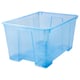 A blue SAMLA storage bin, rectangular and transparent, made of plastic, with handles and wheels for easy movement.