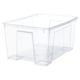A clear plastic storage box named SAMLA. Its rectangular, transparent, and made of polypropylene plastic. Ideal for storing various items.