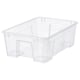 A clear plastic SAMLA storage box. Its transparent, rectangular, with sturdy handles on both sides. Perfect for organising and stacking.