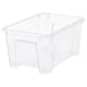 A clear plastic storage box named SAMLA, rectangular in shape, designed to organise small items.