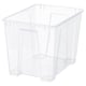 A clear, rectangular SAMLA storage box made of transparent polypropylene plastic, designed for organising and stacking items.