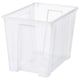 A clear SAMLA plastic storage box, square-shaped with reinforced base, designed for keeping seasonal items, sports gear, or tools.